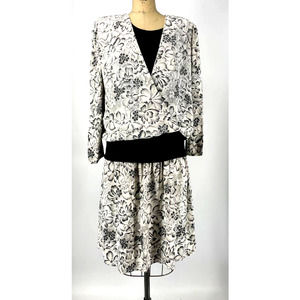 Vintage Sally Lou White Floral Print Drop Waist Cottagecore Midi Dress Size 10